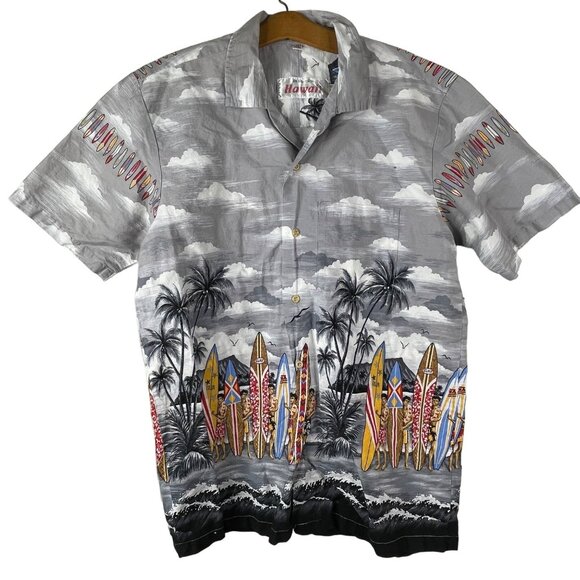 Hawaiian Made Shirt Size Medium Surfboard Button Front Hawaiian Surf Gray Cotton - Picture 1 of 8
